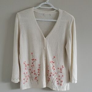 Vintage Unbranded V-Neck 3/4 Sleeve Spring Cardigan Floral Embroidery Sz M